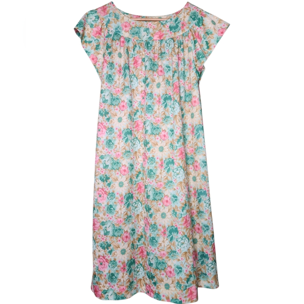 Vintage 60s 70s Floral Cotton House Dress Pink Aqua Green Medium Cottagcore